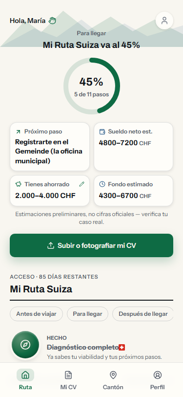 Tu Ruta Suiza al 37%: sueldo neto, ahorro y fondo estimado, con montañas de fondo